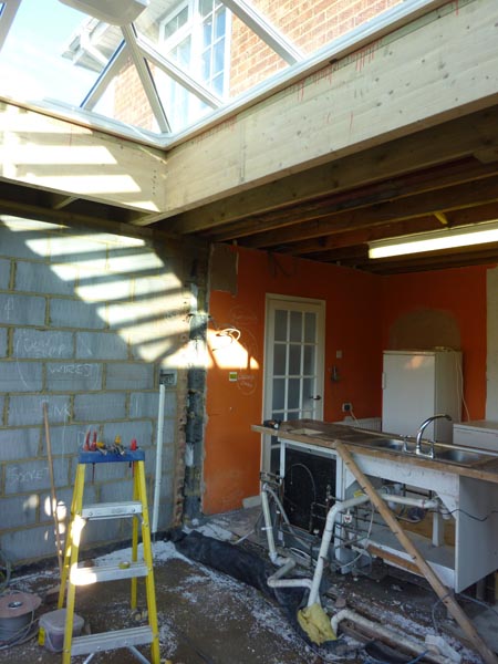 orangery-kitchen-extension Kitchen wall removed during orangery kitchen extension.