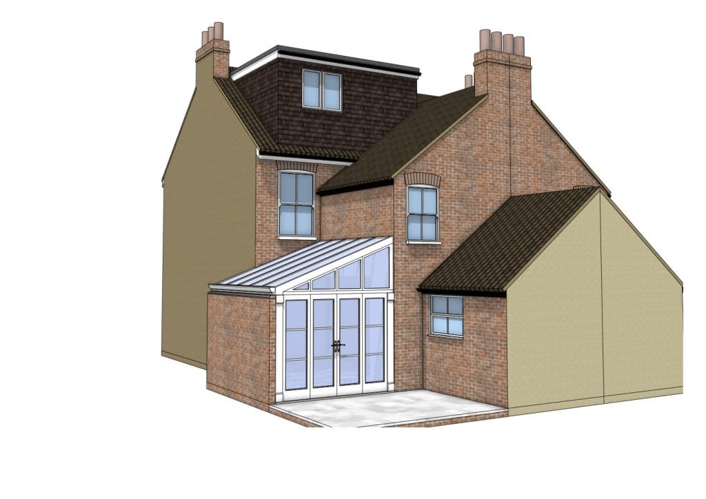 Design rendering of the proposed conservatory kitchen extension at the rear of the house