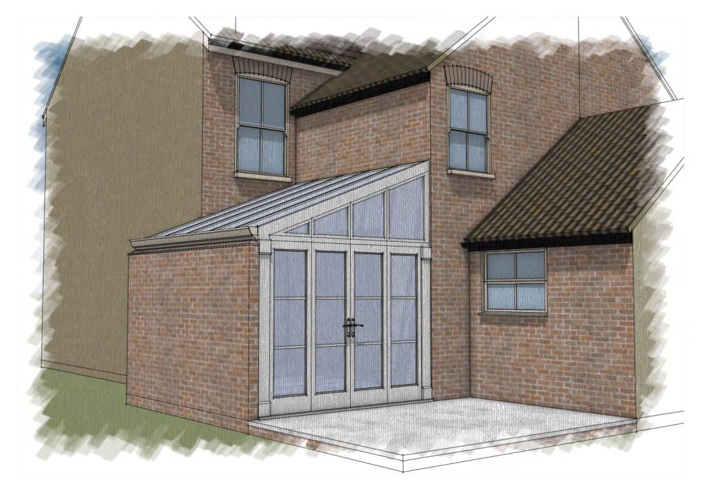Perspective design showing glazed gable doors on the Harpenden extension