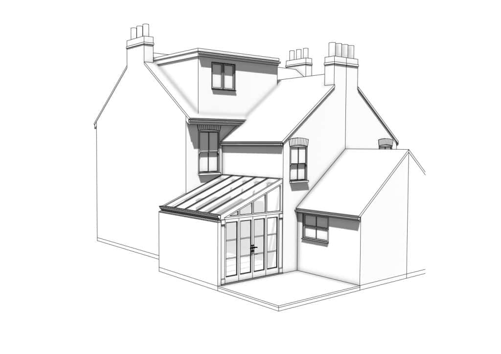 Architectural line drawing of the glazed conservatory kitchen extension