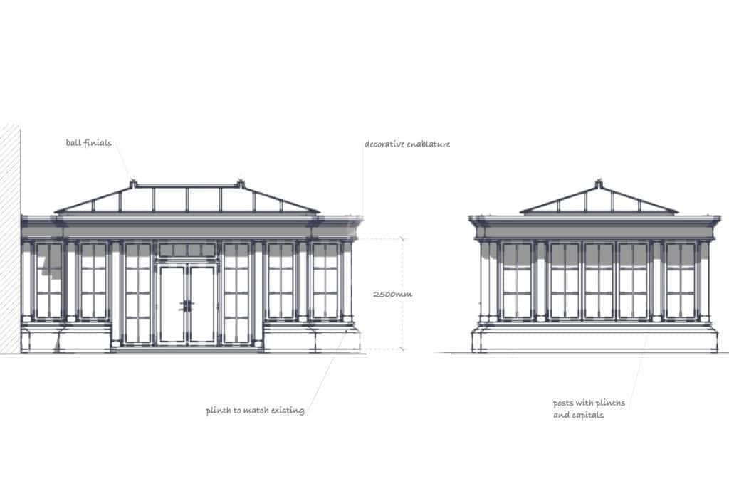 Architectural elevations showing the proposed Amersham orangery and roof lantern