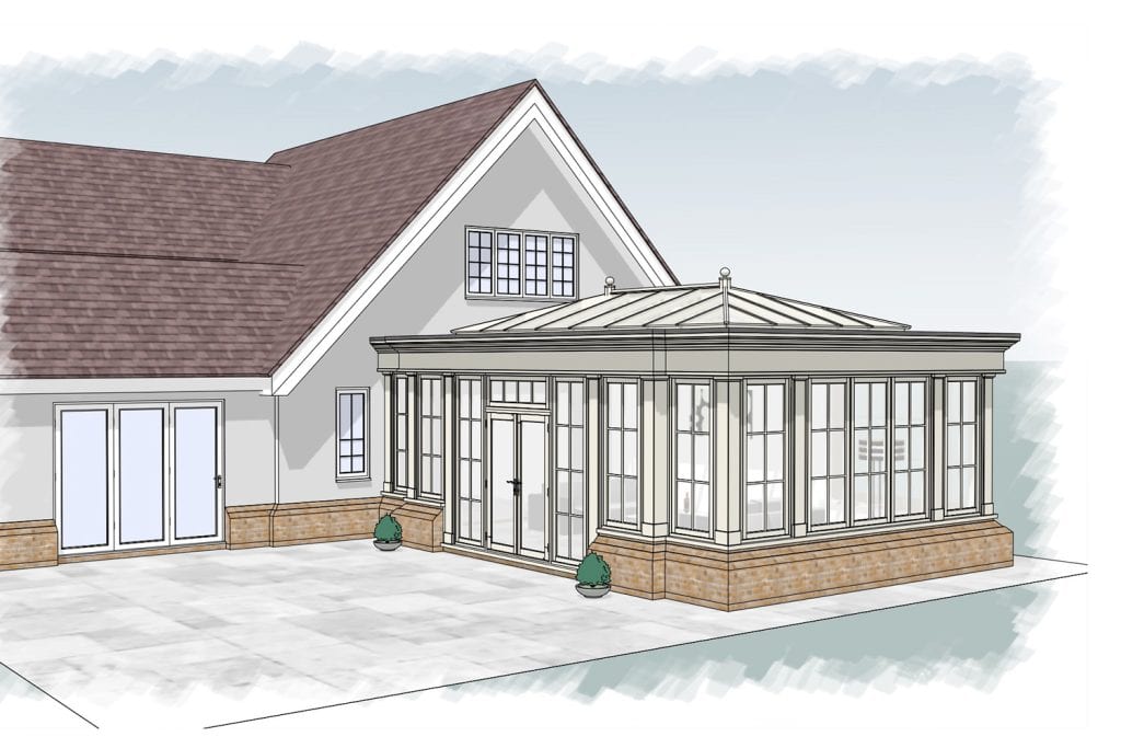 Perspective design rendering of the orangery against the existing Amersham house