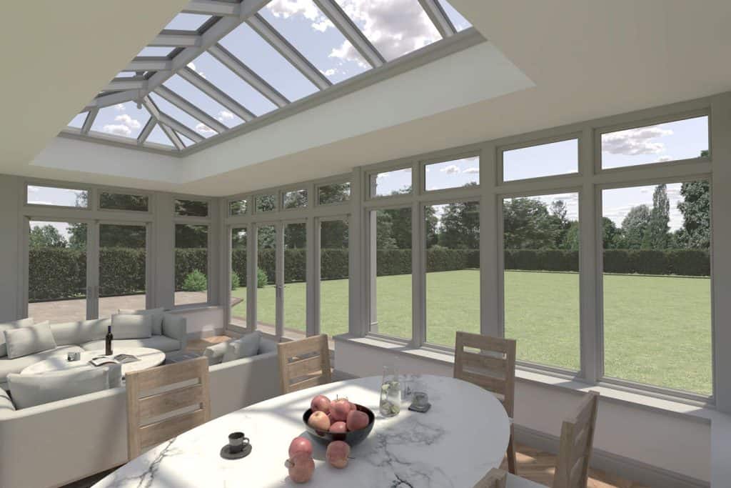 CAD interior view of the proposed Harpenden orangery with a roof lantern and garden-facing windows