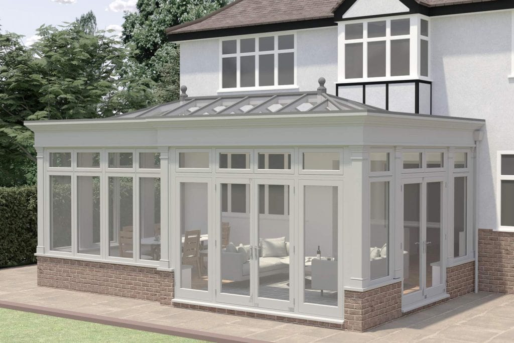 CAD exterior view of the proposed timber orangery with a roof lantern and brick base