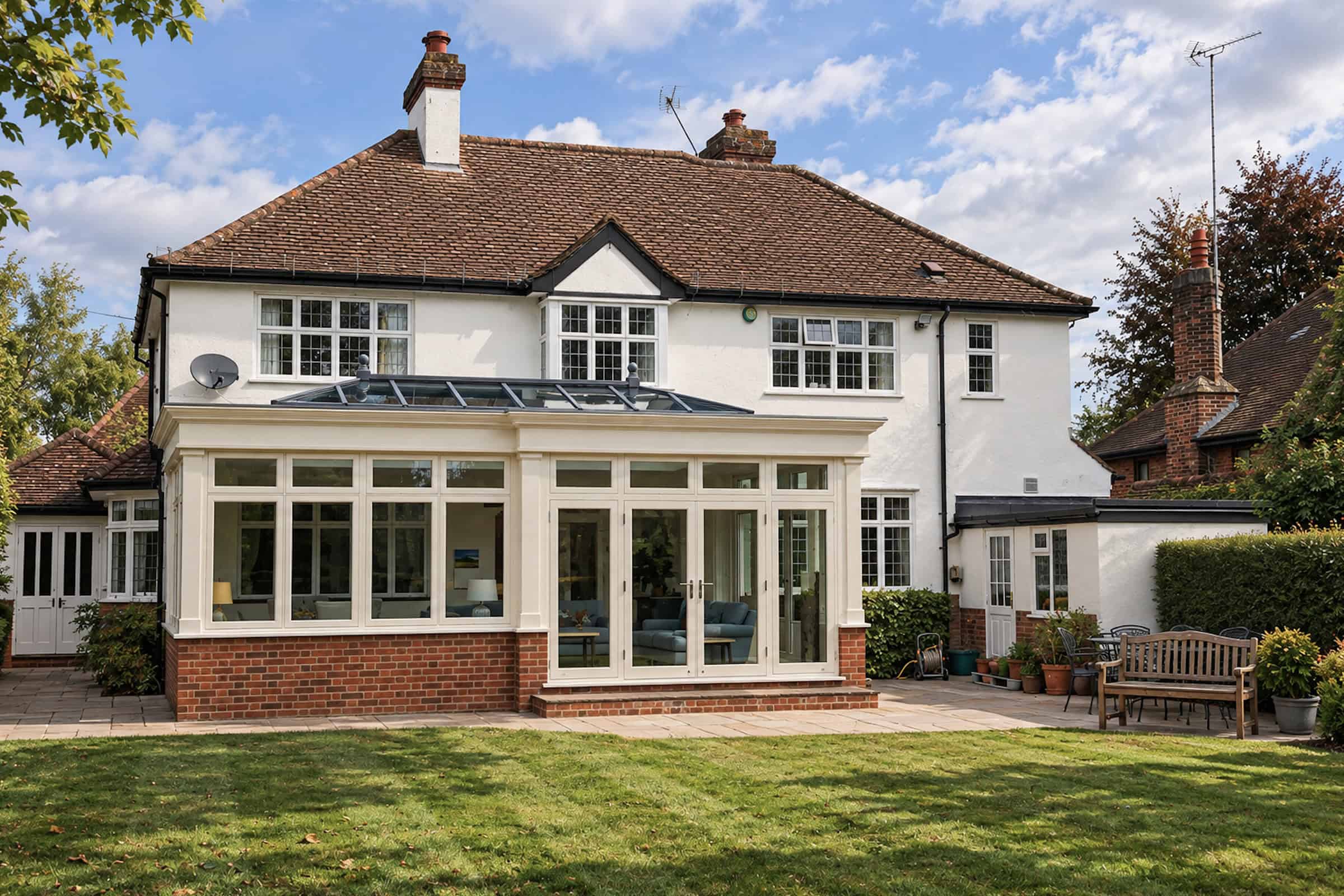 Completed timber orangery at the rear of a detached house in Harpenden