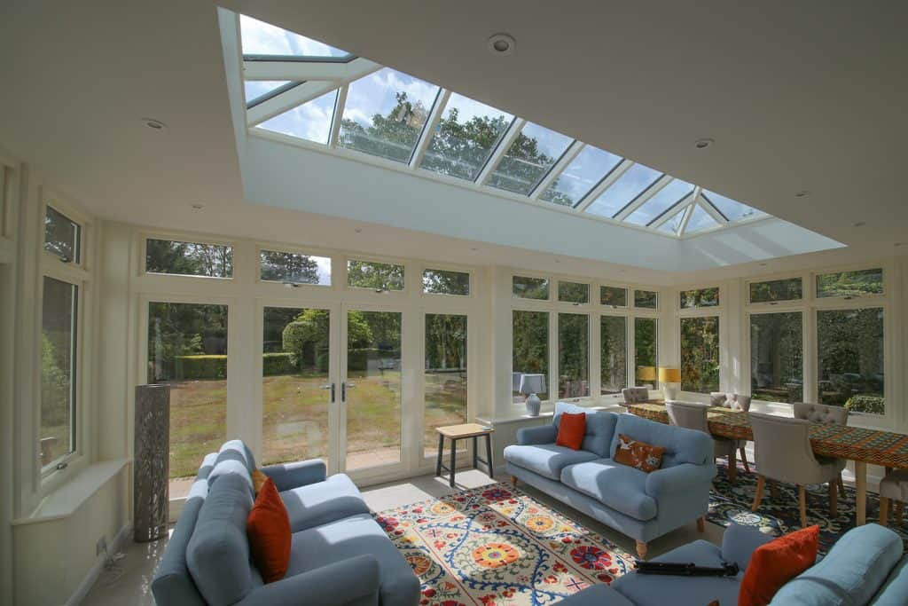 Furnished interior of the completed Harpenden orangery beneath its roof lantern