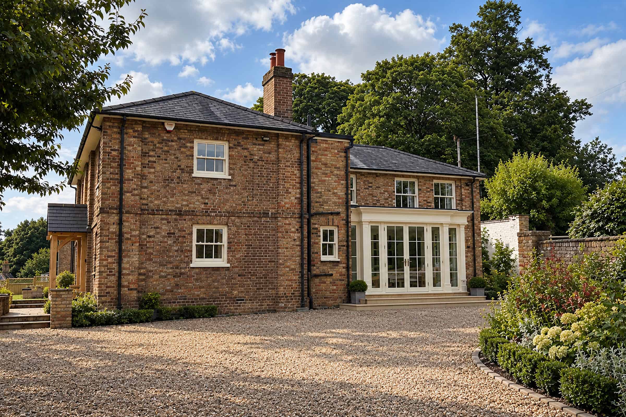 Completed timber garden room and driveway at a residence within Woodhall Park
