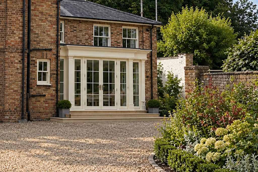 Finished garden room entrance with Georgian-style doors, stone steps and planting