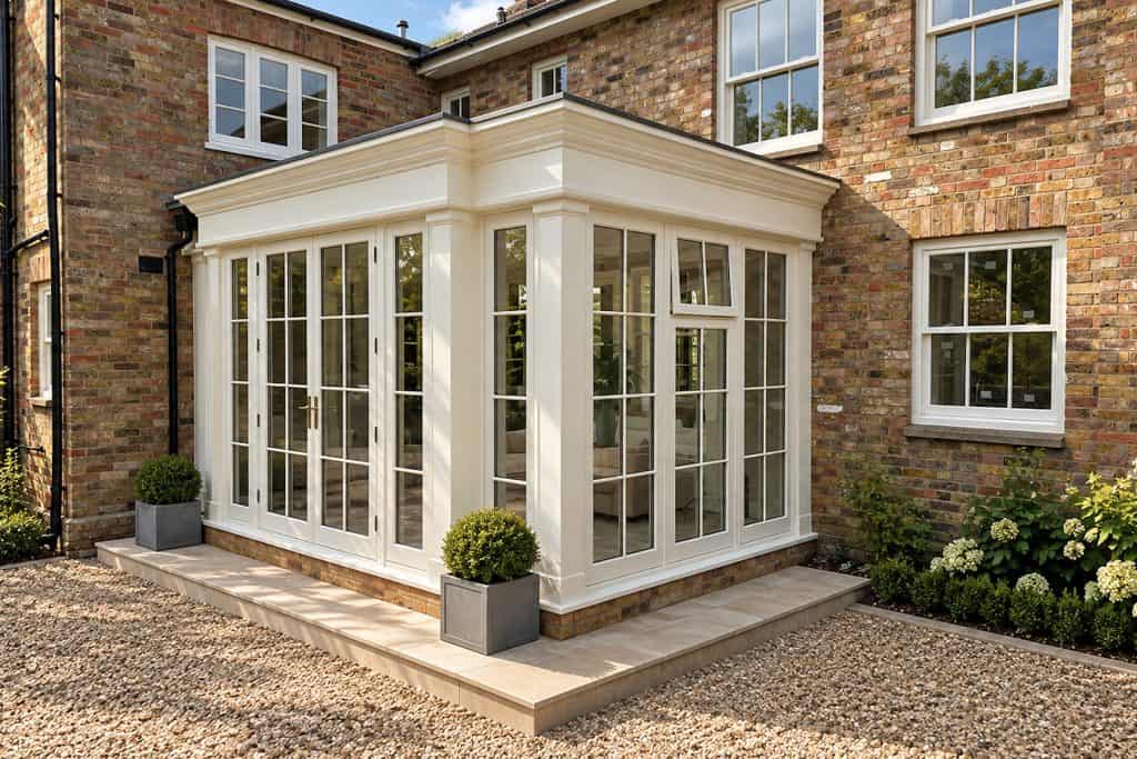 Finished off-white garden room with Georgian glazing bars and stone steps at Woodhall Park