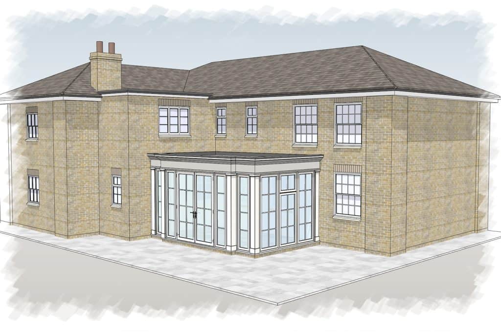 CAD perspective of the proposed timber garden room with a solid roof at Woodhall Park