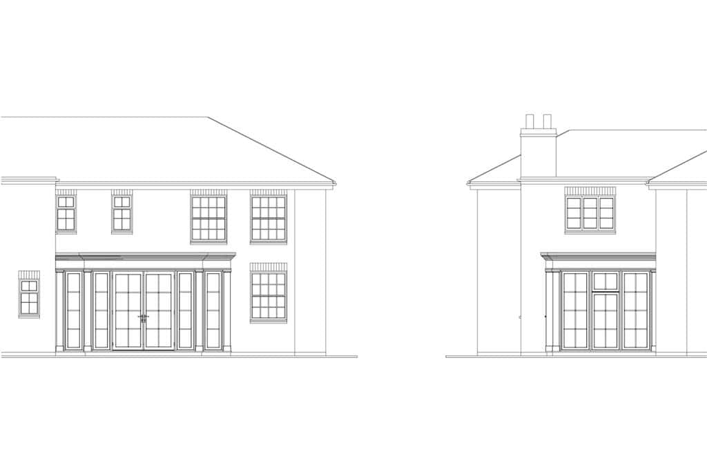 CAD elevations showing the garden room doors and Georgian-style glazing