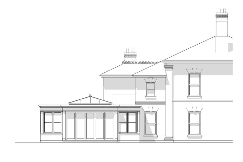 CAD elevation showing the proposed orangery beside the Hertfordshire Victorian villa