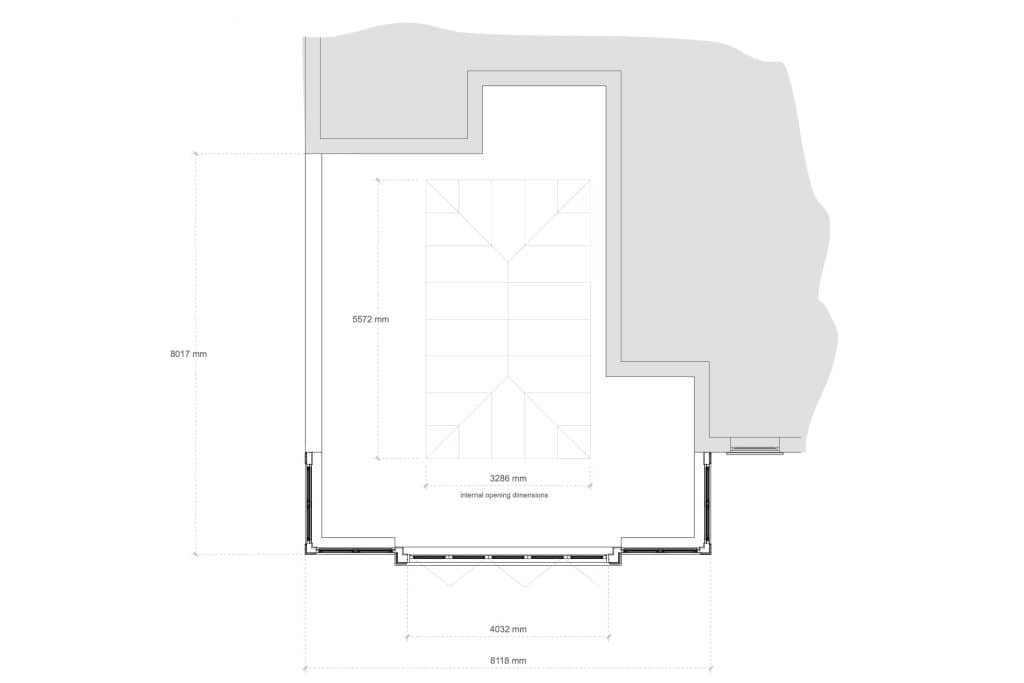 CAD plan showing the proposed orangery footprint beside the house