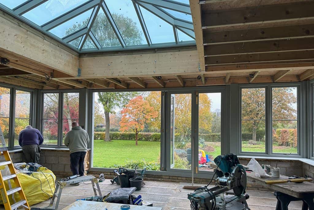 Inside the orangery during first-fix work beneath the new glazed lantern