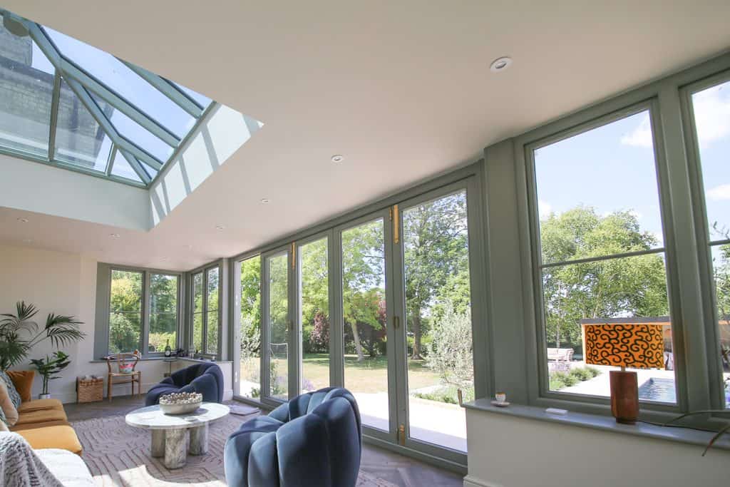 Sash-style windows and garden doors inside the finished orangery