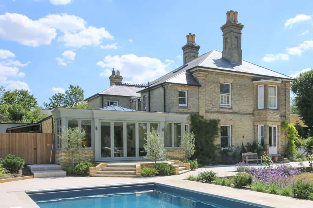 Completed orangery viewed from the garden beside the Victorian villa
