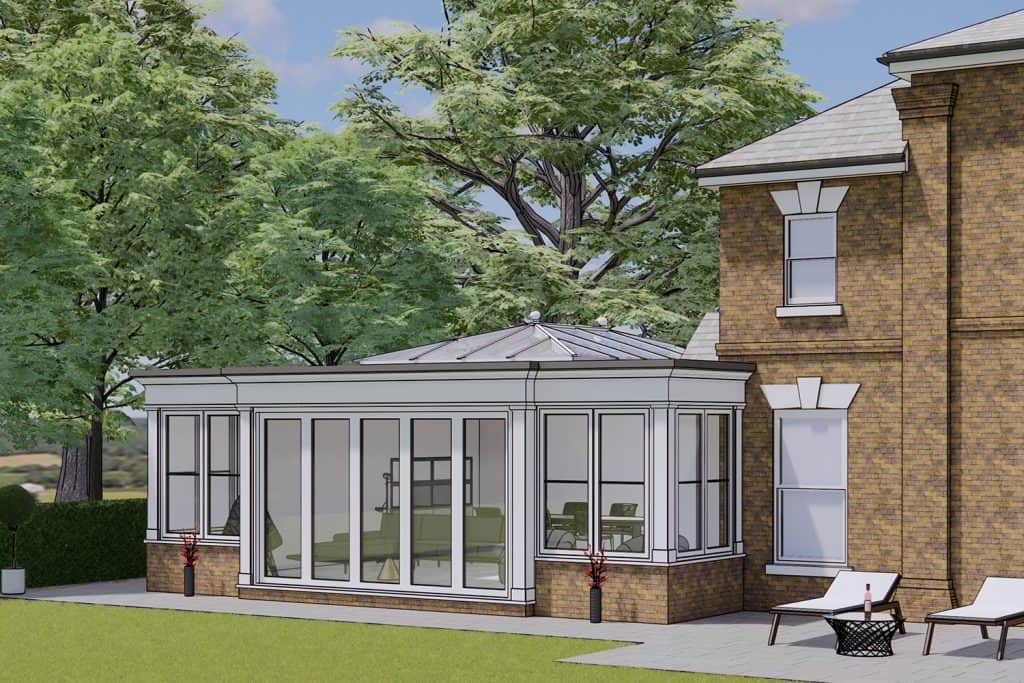 Design visualisation of the proposed orangery opening onto the garden