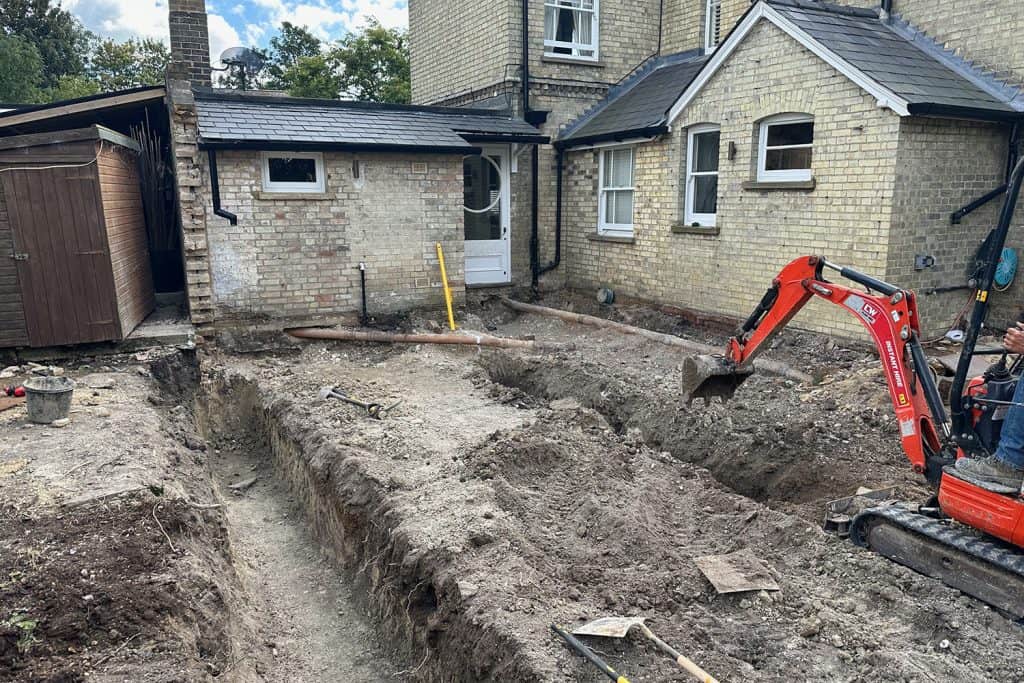 Garden corner cleared for new orangery foundations beside the villa