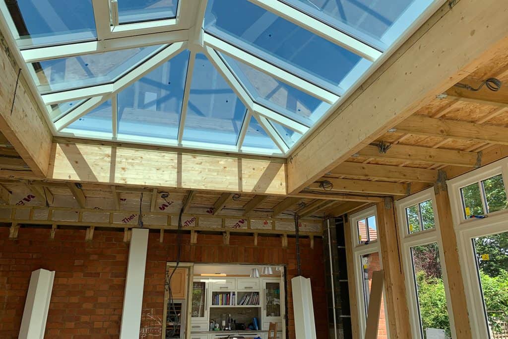 Lantern and roof joists above the new opening into the existing kitchen
