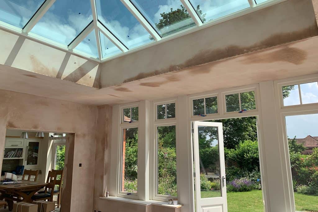 Fresh plaster drying beneath the glazed lantern inside the St Albans orangery