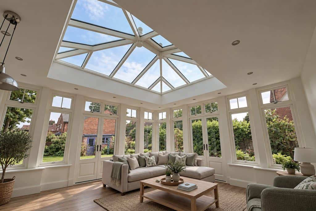 Furnished timber orangery interior with garden views beneath the roof lantern