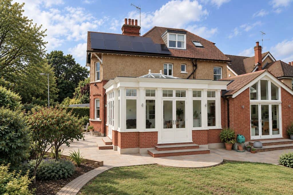 Completed timber orangery linking two parts of the St Albans house beside the patio