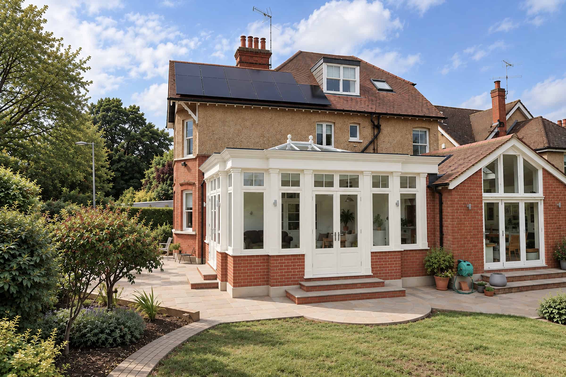 Completed timber orangery linking two parts of the St Albans house beside the patio