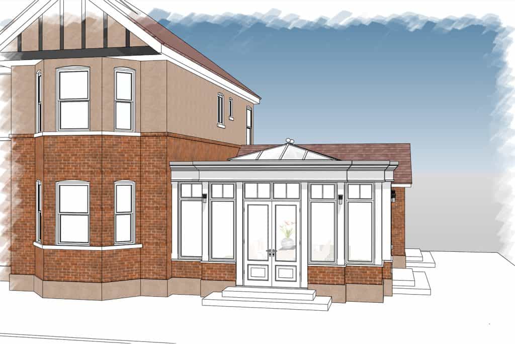 CAD perspective showing the orangery doors, roof lantern and patio steps