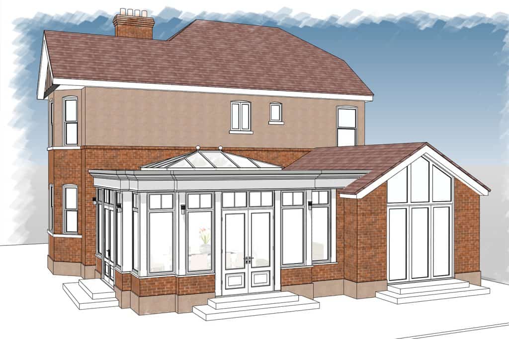 CAD perspective of the timber orangery linking the two parts of the St Albans house