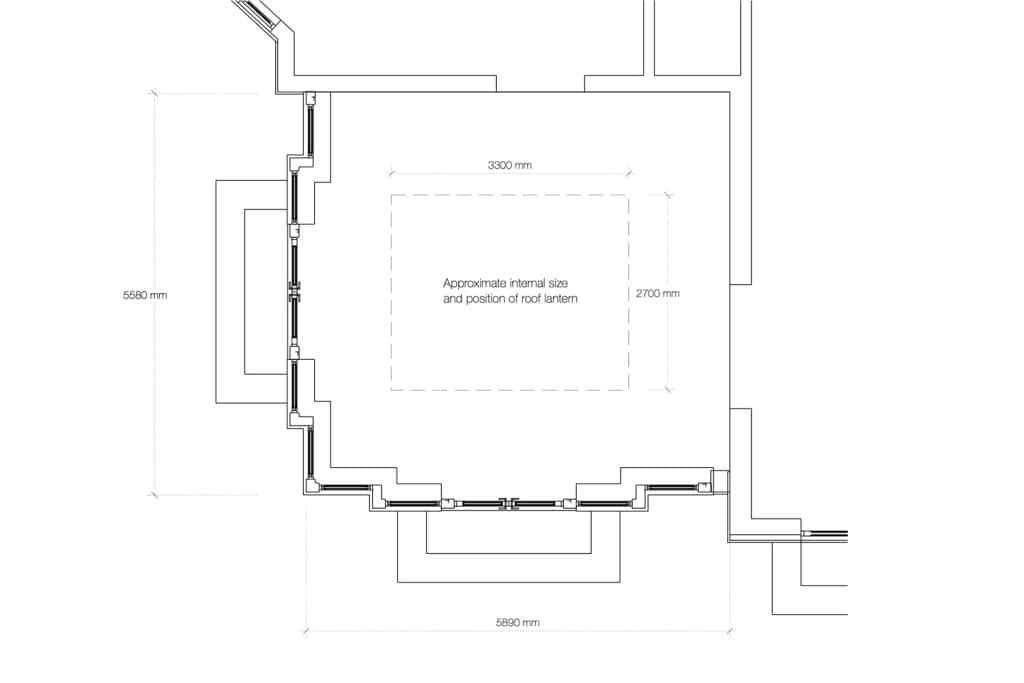 Plan drawing of the square orangery showing the projecting sides and roof lantern position