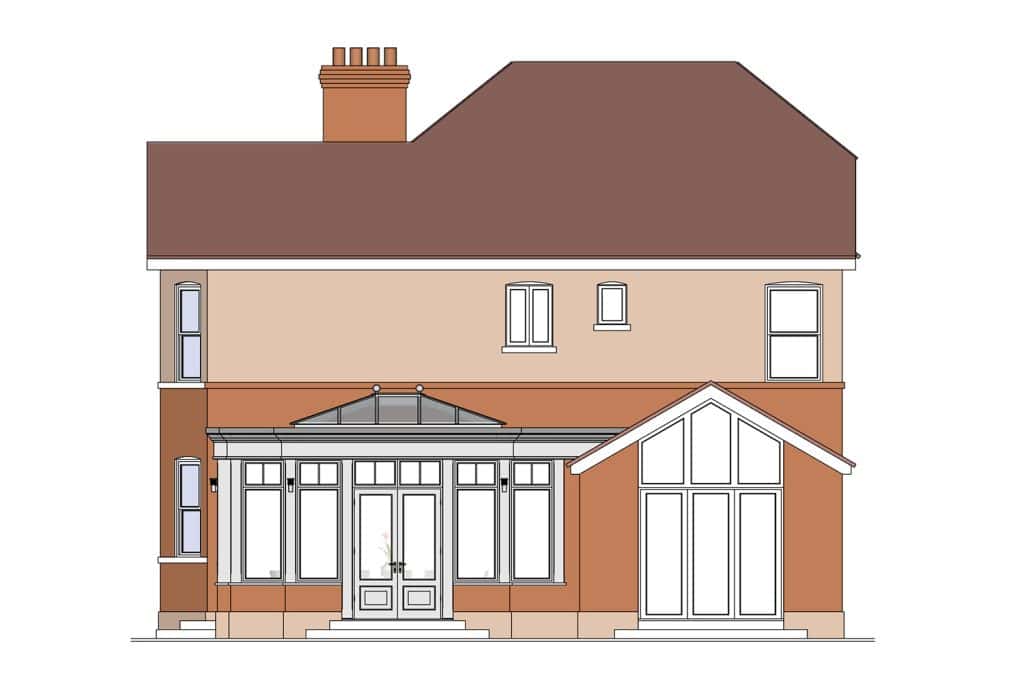 CAD rear elevation showing the proposed orangery beside the existing brick extension