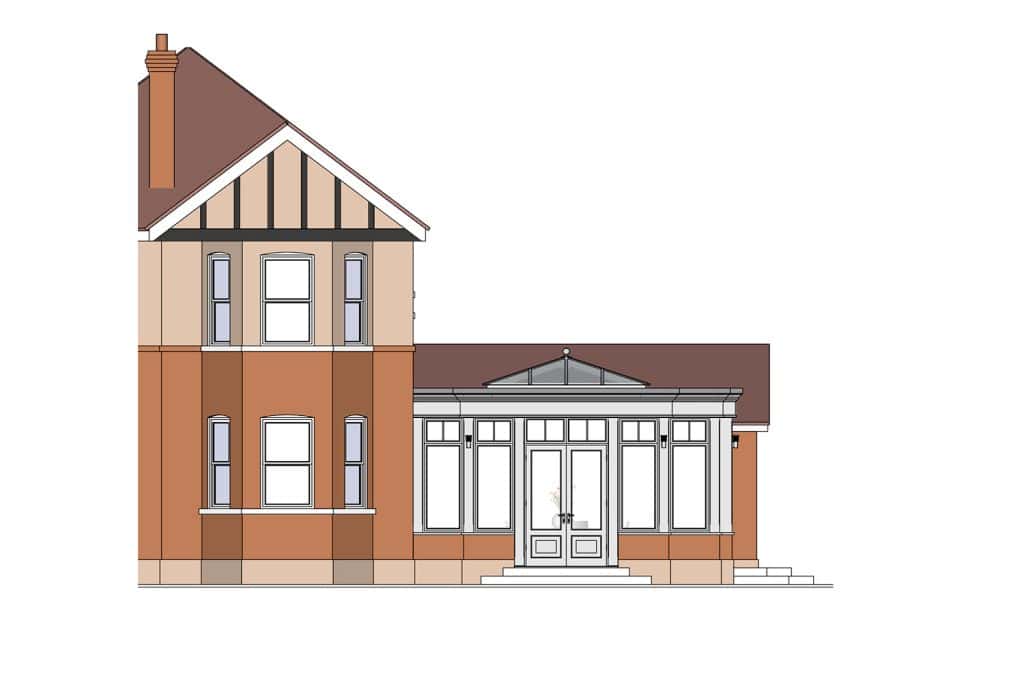 CAD side elevation of the proposed St Albans orangery with a roof lantern