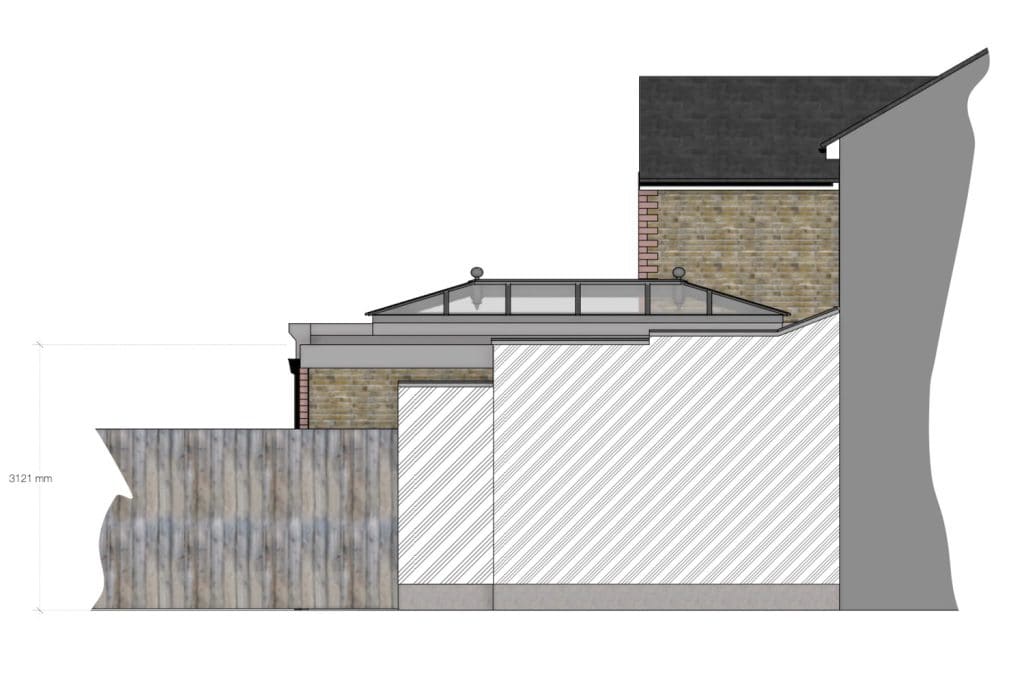 Side elevation drawing showing the orangery roof below the adjoining wall and parapet