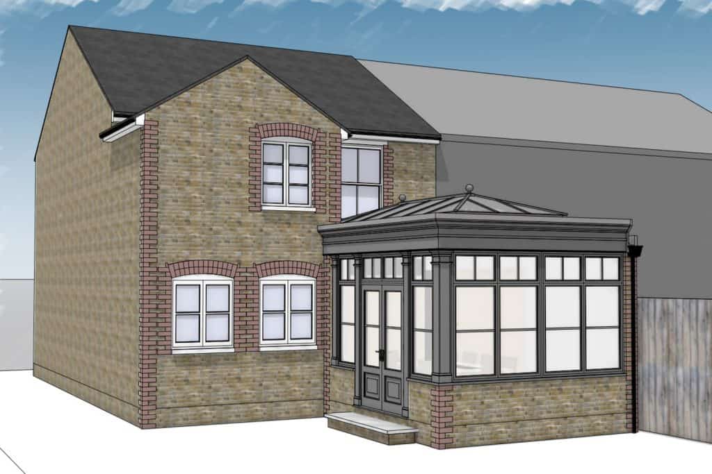 Wider exterior design rendering showing the orangery against the Victorian house
