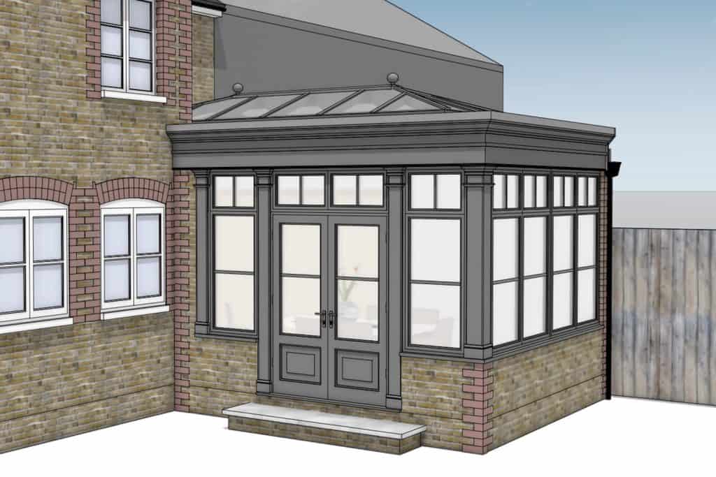 Exterior design rendering of the proposed dark grey orangery with a glazed roof lantern and brick base