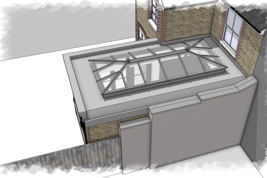 Overhead design rendering of the roof lantern, parapet and adjacent party wall