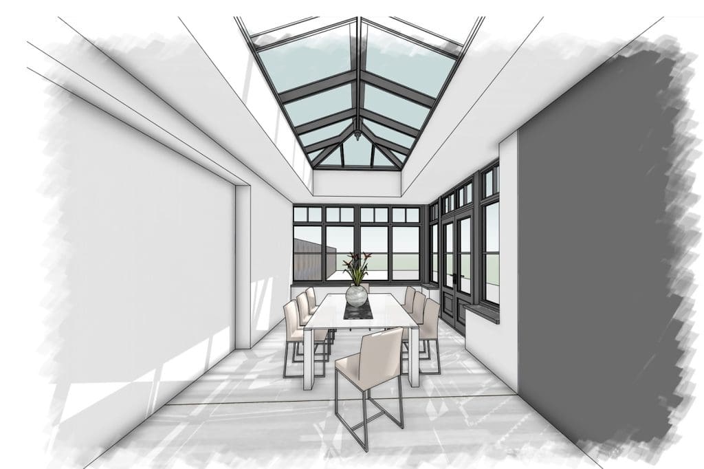Interior perspective drawing looking along the dining space beneath the roof lantern