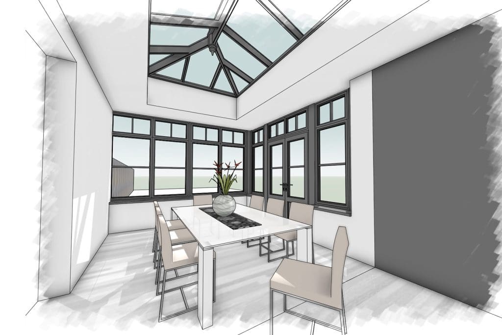 Interior design rendering of the orangery dining area beneath the glazed roof lantern