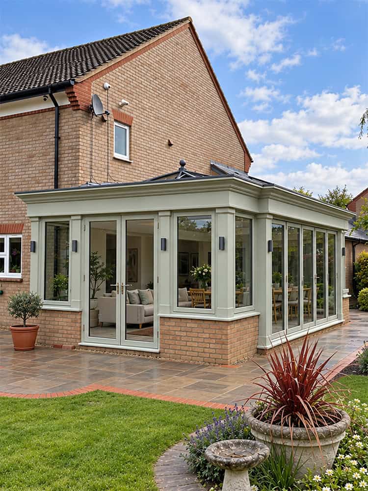 Finished Bedfordshire orangery with garden-facing doors and roof lantern