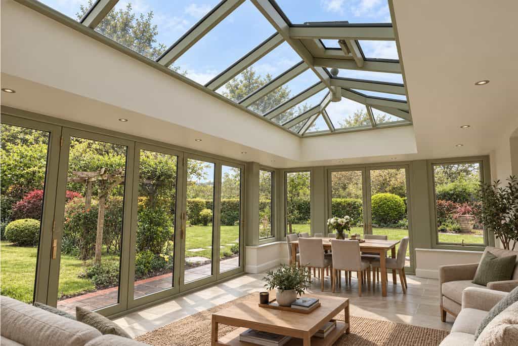 Finished orangery living and dining area beneath the roof lantern