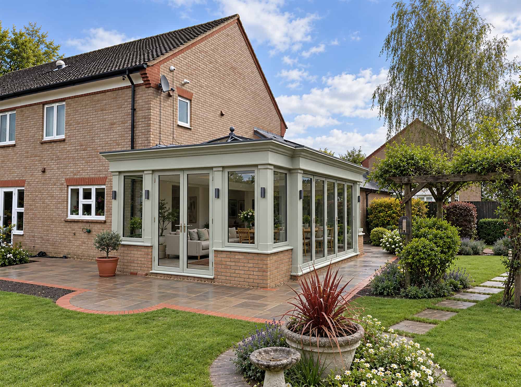Completed Bedfordshire orangery with glazed roof lantern, French doors and garden patio