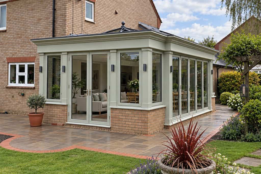 Completed orangery with painted glazing and patio overlooking the garden