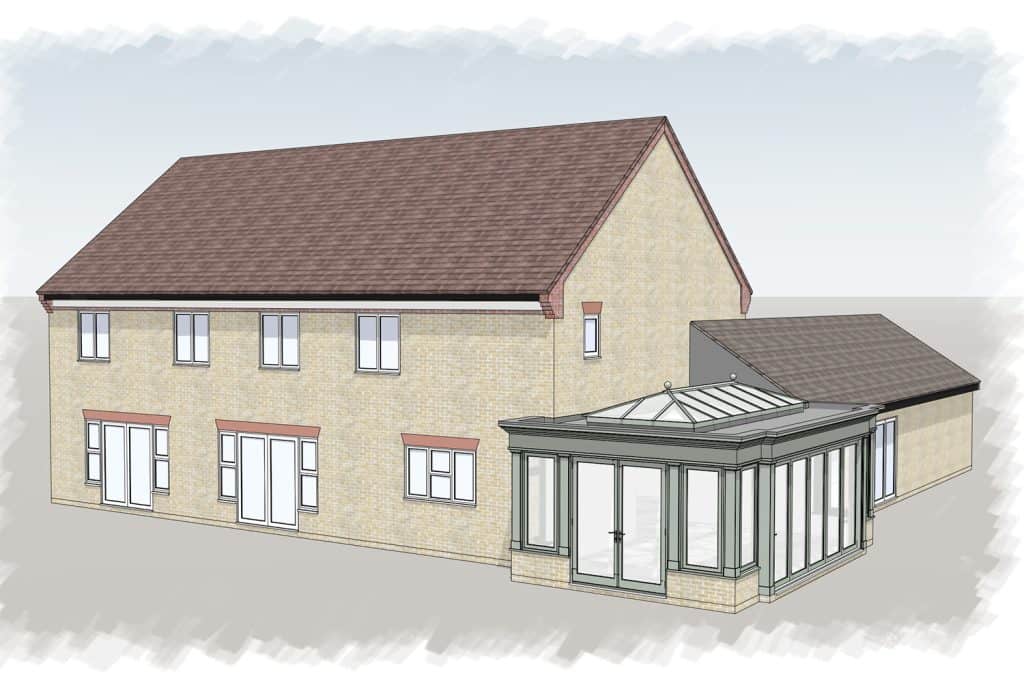 Design rendering of the larger orangery on the rear corner of the house