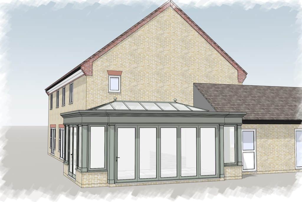 Perspective rendering of the proposed orangery with glazed roof lantern