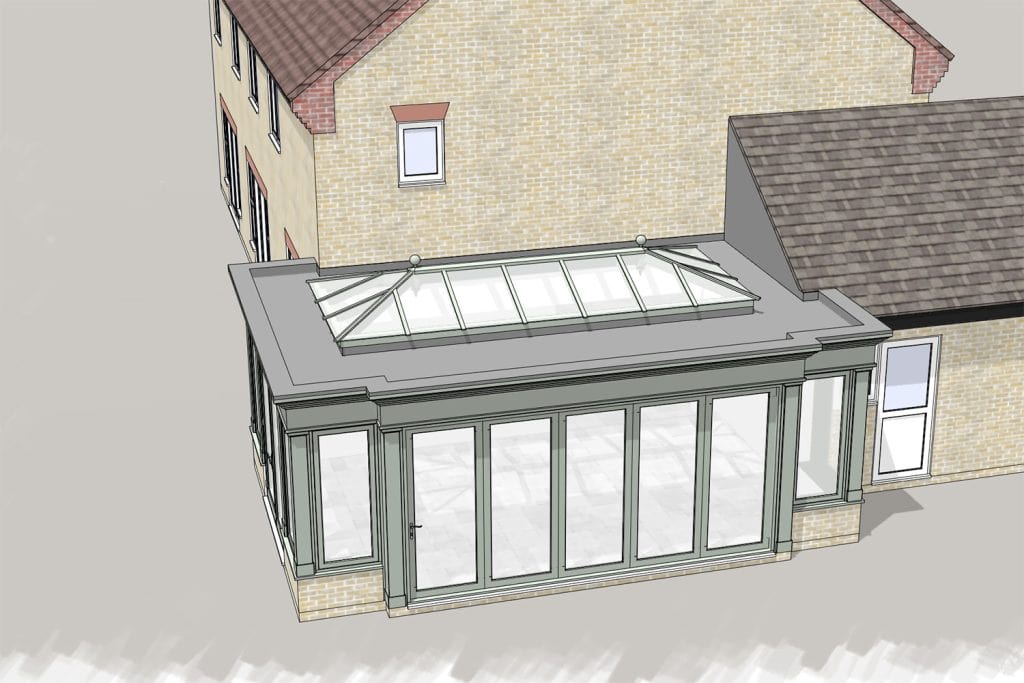 Overhead design view of the orangery roof lantern and glazed walls