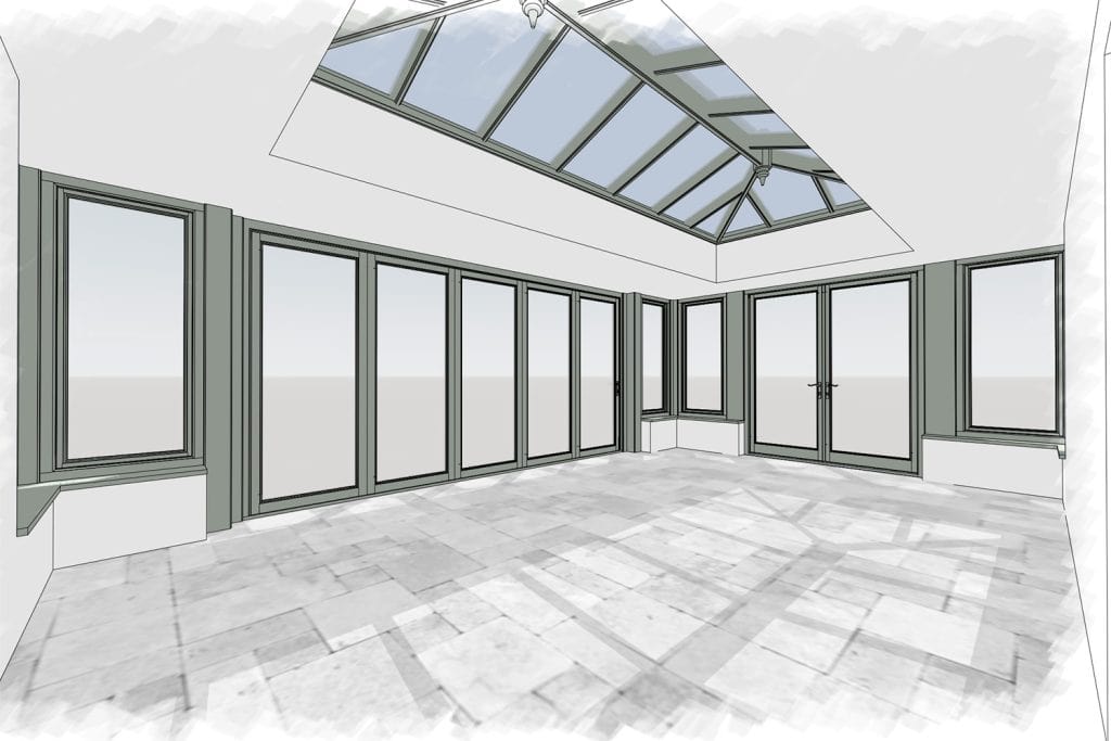 Interior design sketch showing the roof lantern and garden-facing glazing