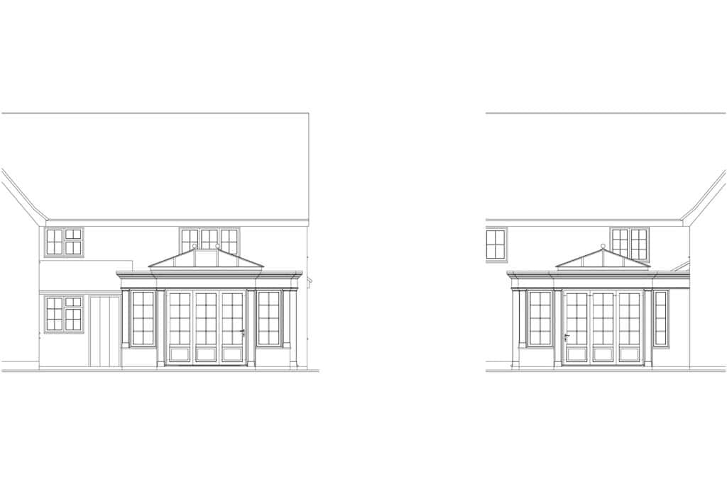 Architectural elevation drawings of the proposed orangery against the farmhouse